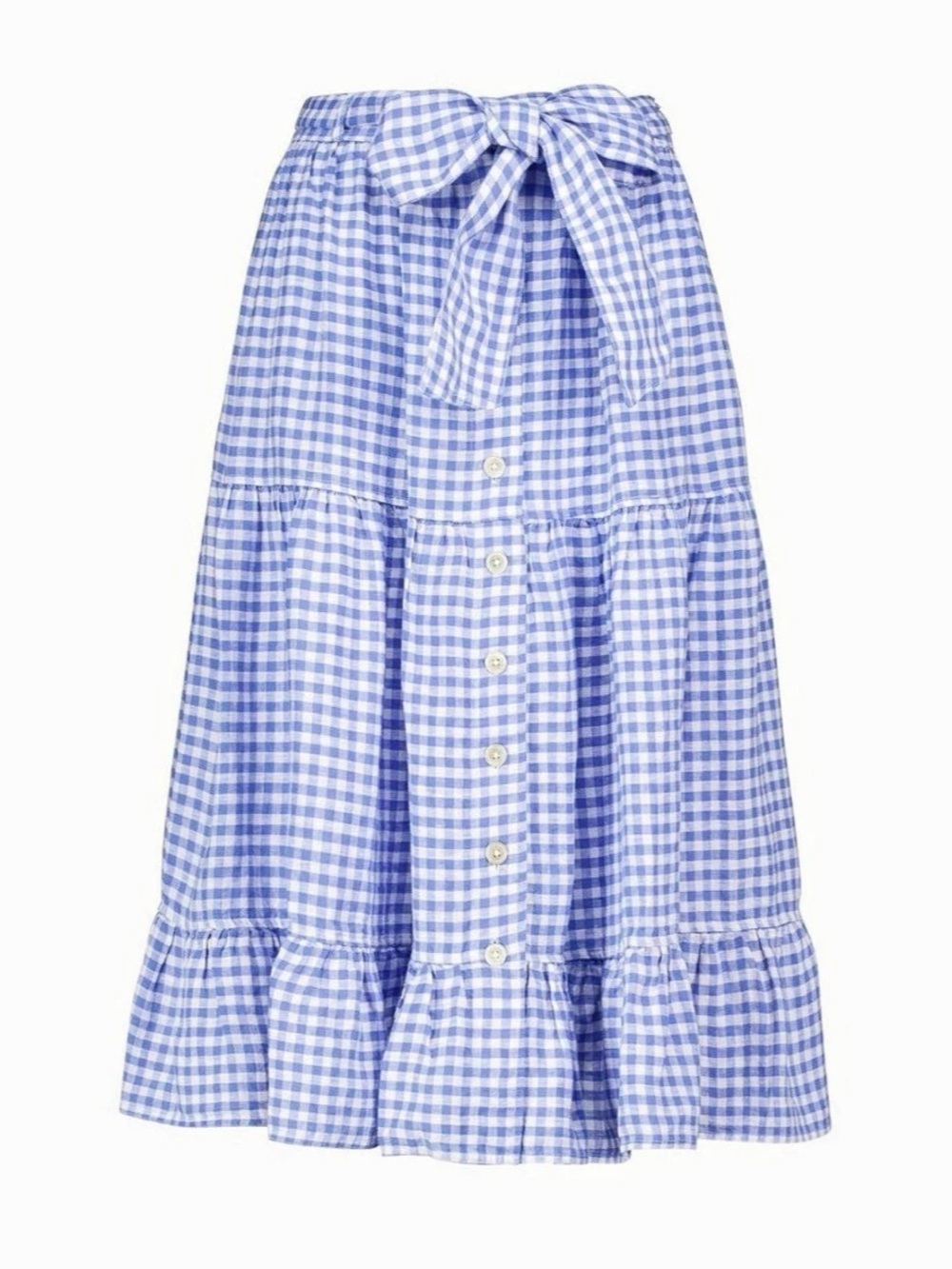 Polo Ralph Lauren Gingham 100% Linen Tiered Midi Skirt Blue & White - size 0